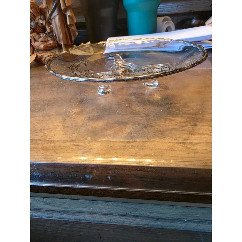 Vintage Glass Footed Cake Stand Silver Floral Overlay Scalloped Rim 7.5 Inch
